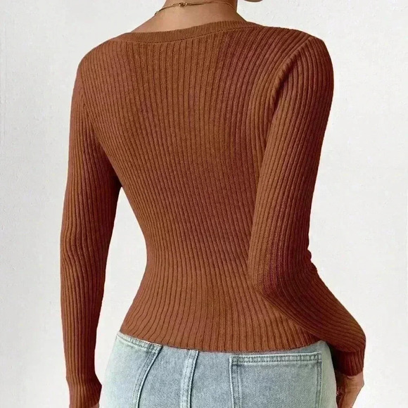 Coffee Brown Casual Women's Slim Fit V-Neck Long Sleeve Short Cardigan - Picture 2 of 7